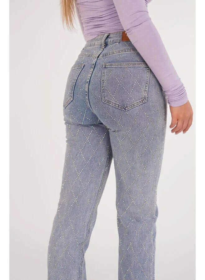 Women's Straight Leg Jeans: Diamond Pattern, Button Fly
