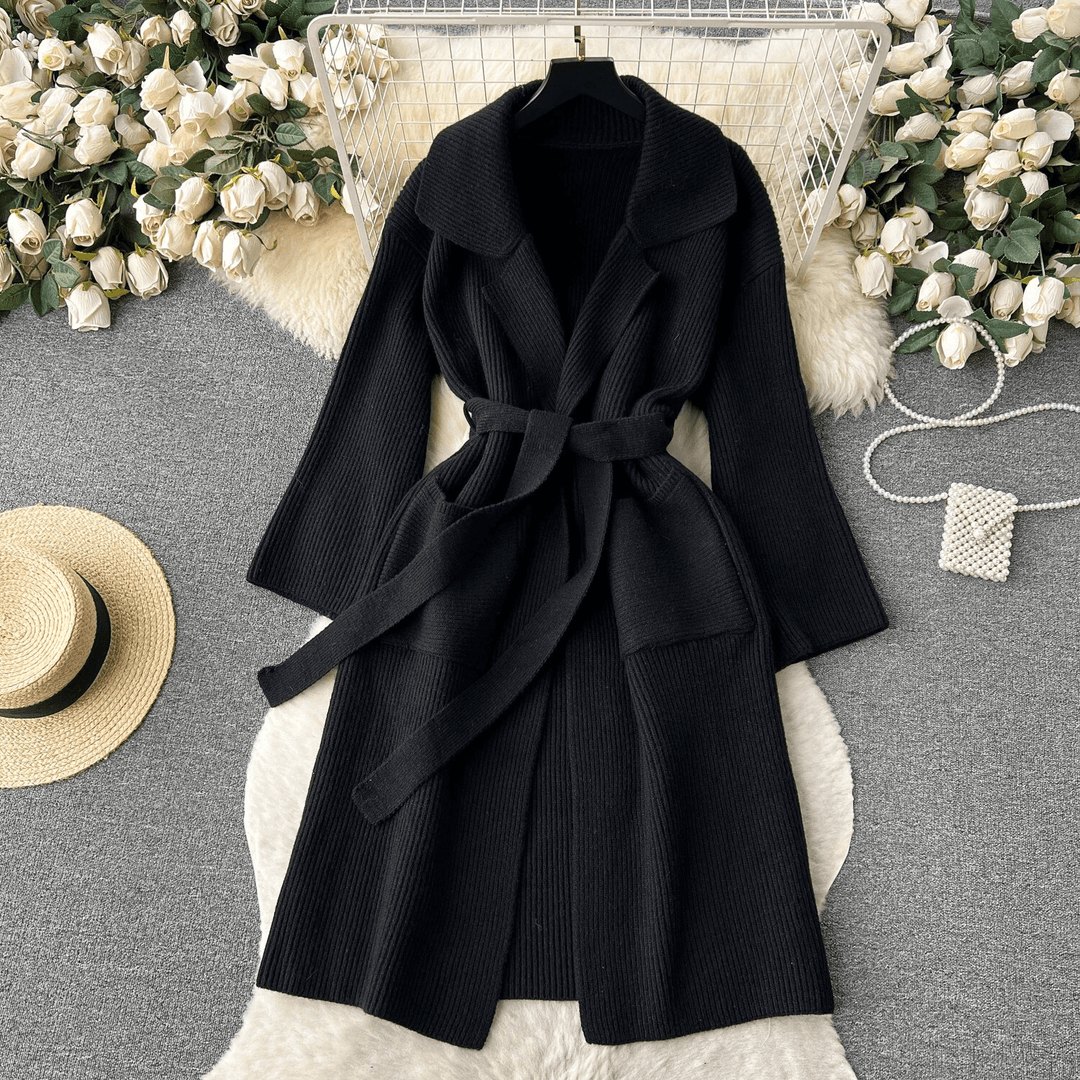 Women's Long Knit Cardigan: Open Front, Shawl Collar, Belted