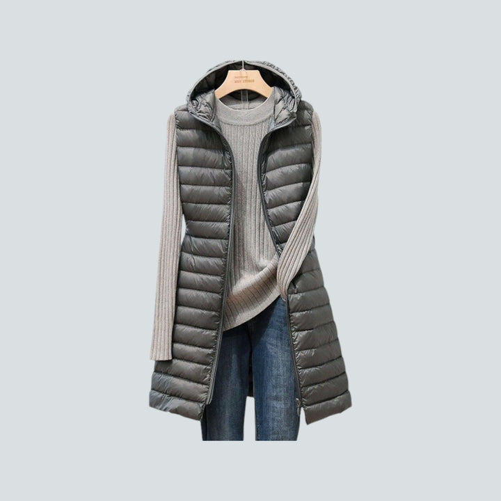 Women's Long Quilted Hooded Vest: Warm Insulated Sleeveless Jacket