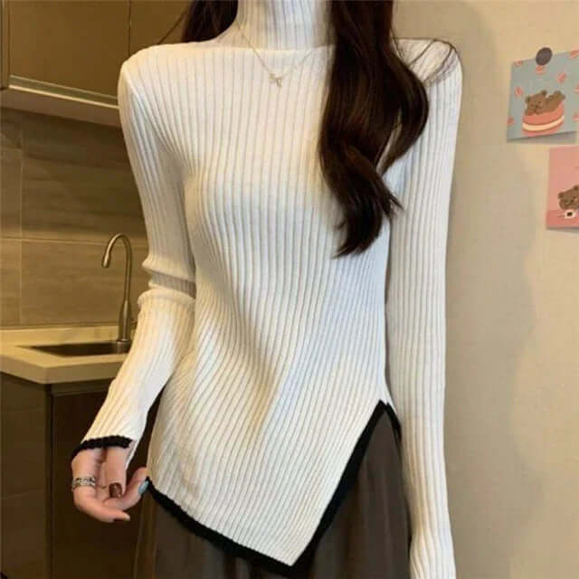 Women's Ribbed Turtleneck Knit Sweater, Long Sleeves, Asymmetric Hem