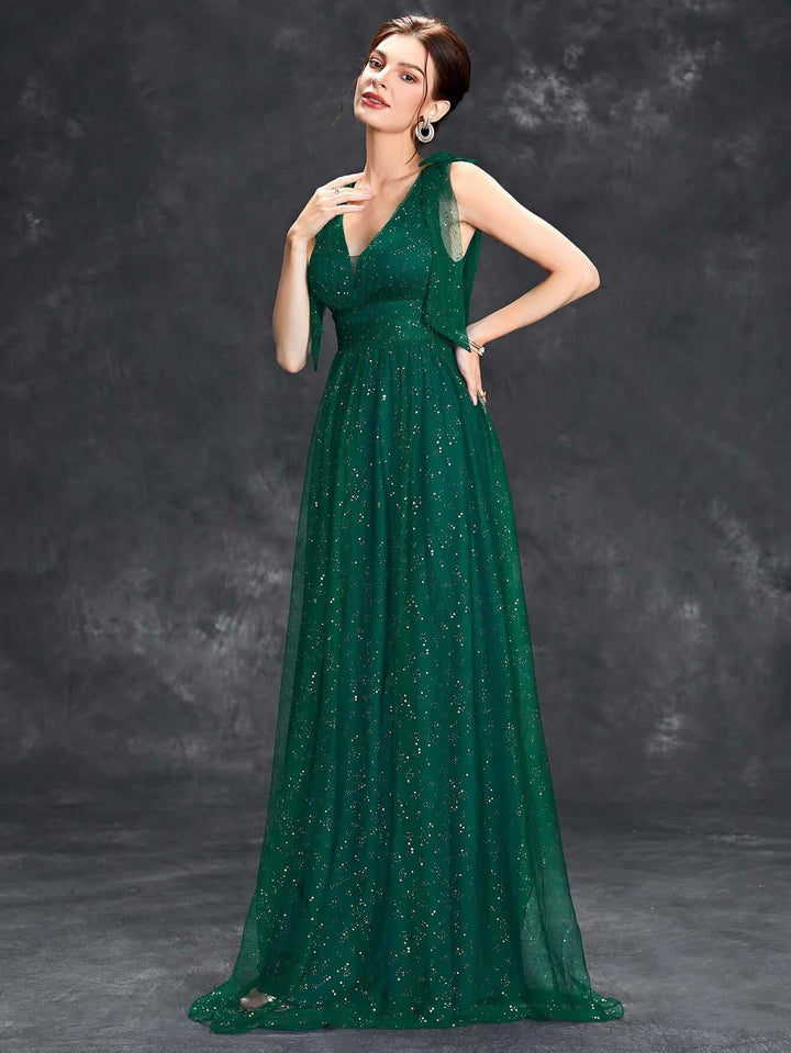 Elegant Floor-Length Evening Gown with Glitter
