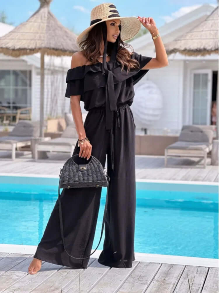 Women's Wide Leg Jumpsuit: Off-Shoulder, Ruffled Neckline