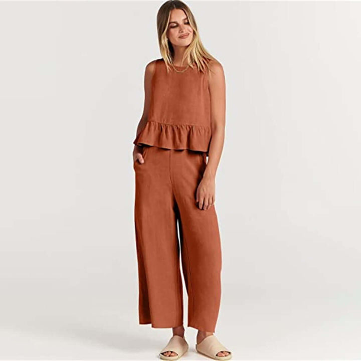 Women's Summer Sleeveless Jumpsuit: Peplum Waist, Wide Leg