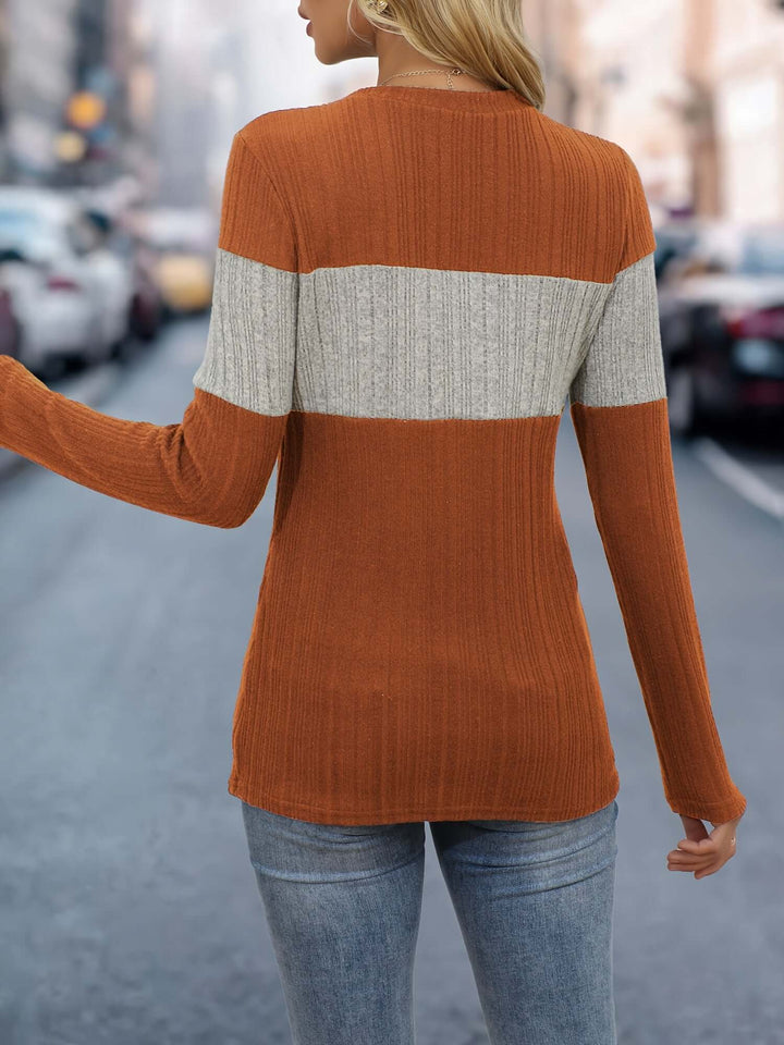 Women's Long Sleeve Ribbed Color-Block Top