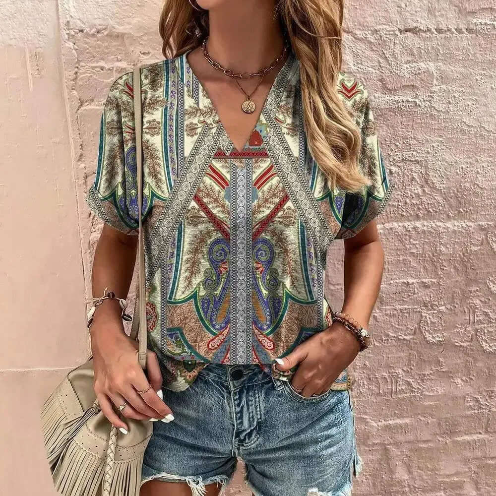 Women's Short Sleeve V-Neck Paisley Blouse