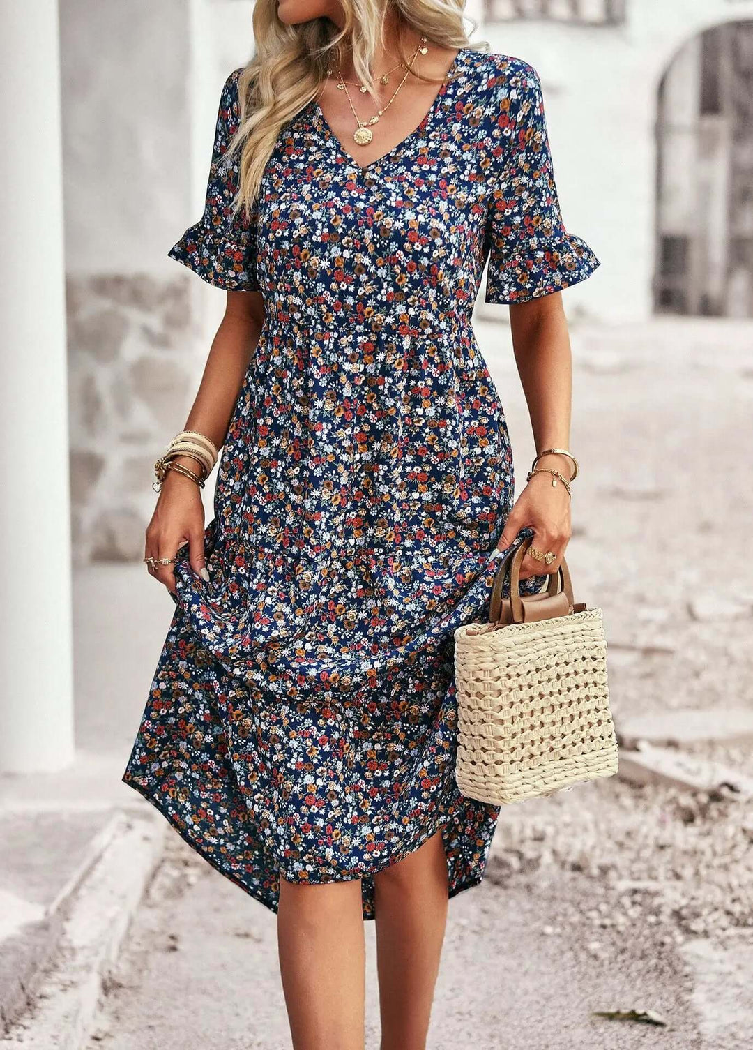 Floral Print Short Sleeve V-Neck Summer Dress