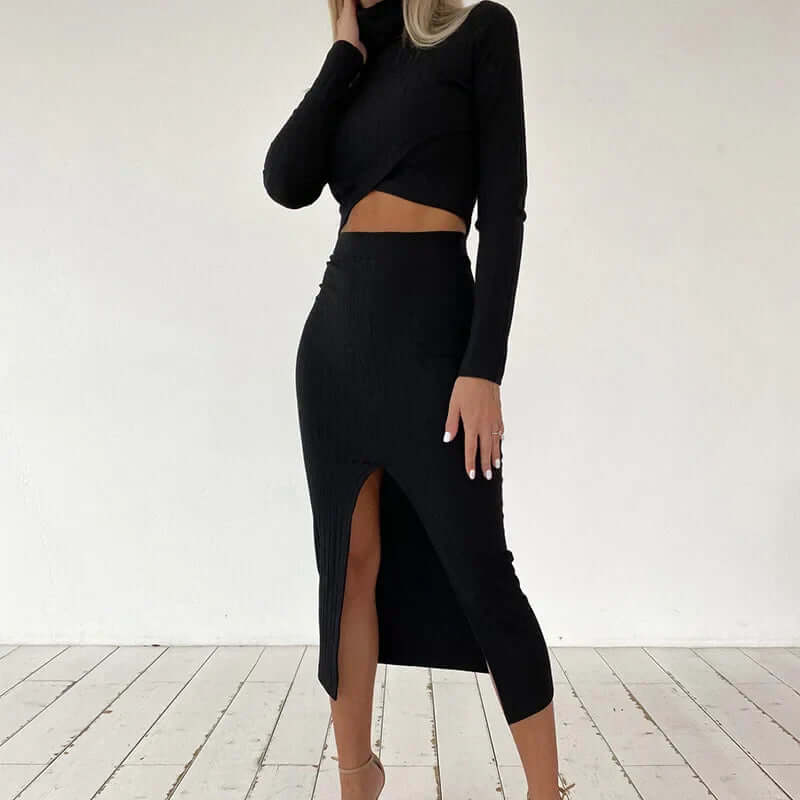 Women's Ribbed Knit Two-Piece Set: Crop Top & Midi Skirt
