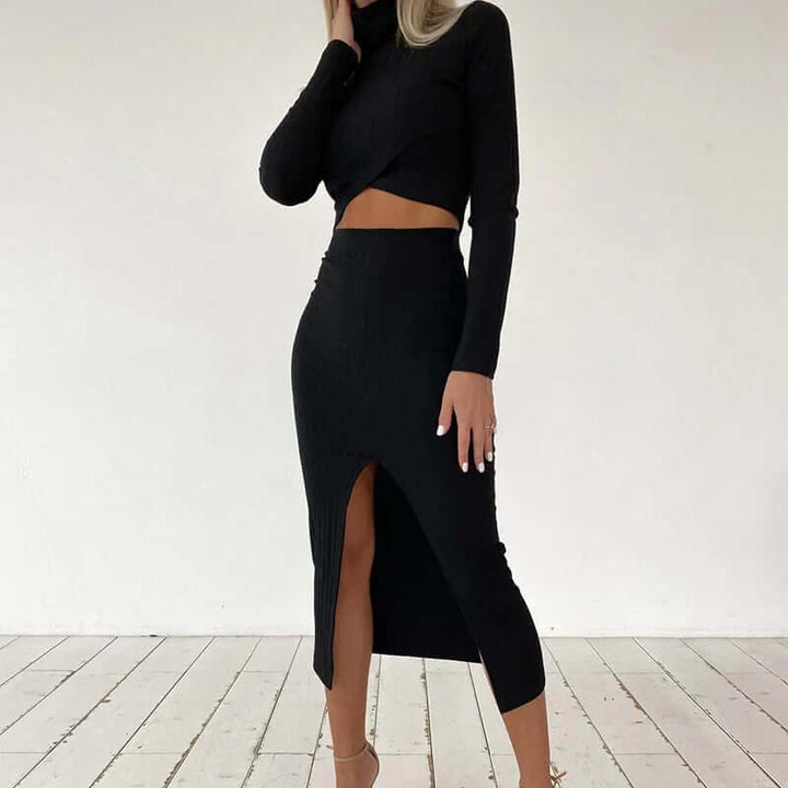 Women's Ribbed Knit Two-Piece Set: Crop Top & Midi Skirt