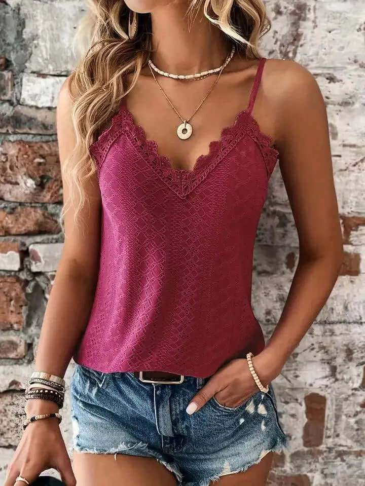 Women's Summer Eyelet Top: V-Neck, Lace Trim, Adjustable