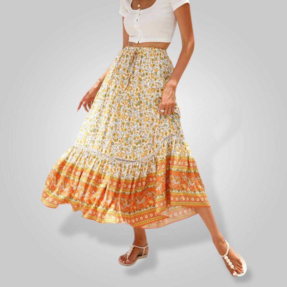 Women's Bohemian Floral Maxi Skirt: Flowy, Elastic Waist