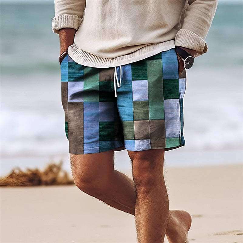 Men's Patchwork Knee-Length Shorts: Elastic Waist, Breathable