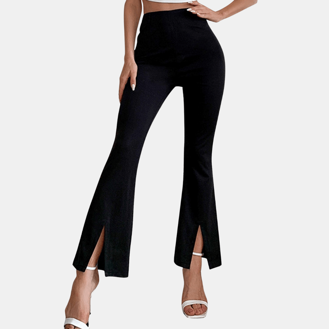 Women's High-Waisted Flare Trousers: Stretch Fabric, Front Slit