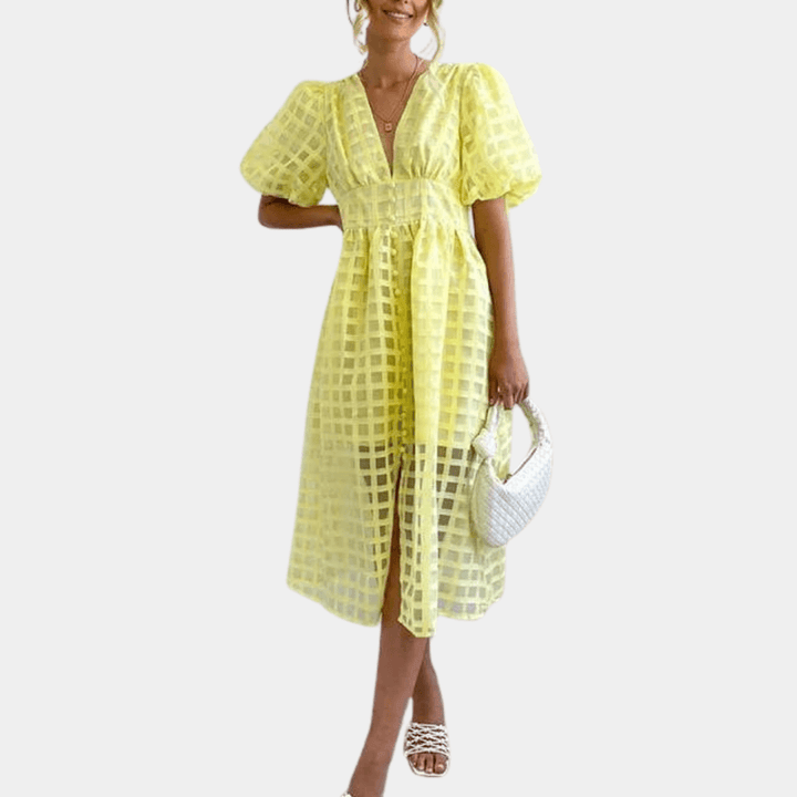 Women's Checkered Midi Dress: Puff Sleeves & Deep V-Neck