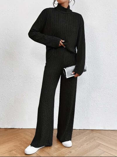 Women's Ribbed Turtleneck & Wide Leg Pant Set