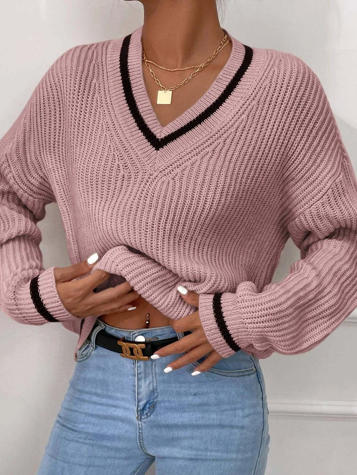 Women's Striped V-Neck Relaxed Fit Sweater