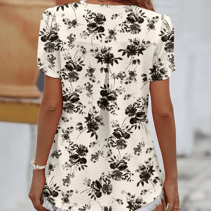 Women's V-Neck Pleated Blouse: Loose Fit, Short Sleeve, Casual Top