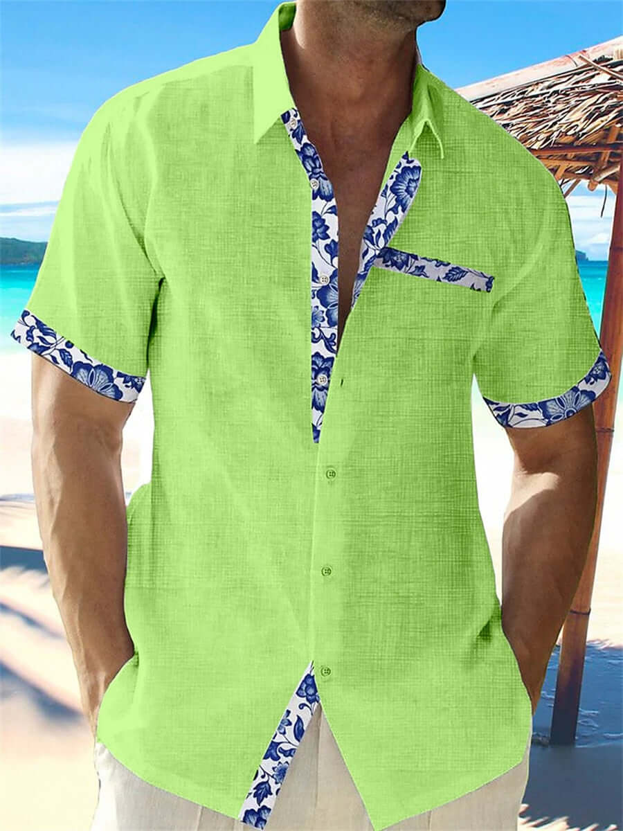 Men's Breathable Linen Shirt: Casual Fit, Floral Trim