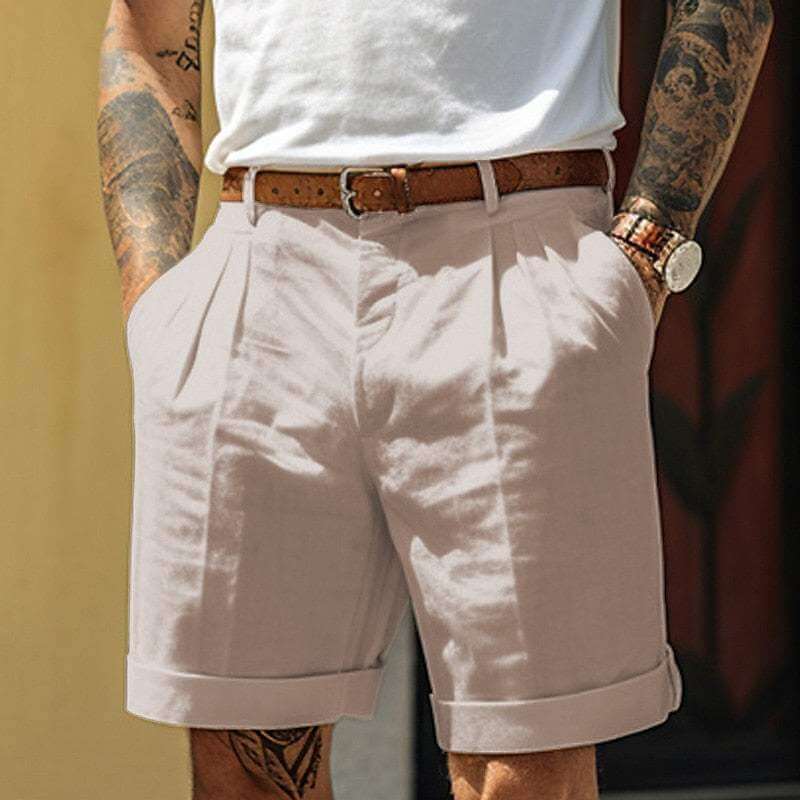 Men's Summer Cotton Linen Blend Shorts: Pleated, Cuffed, Breathable