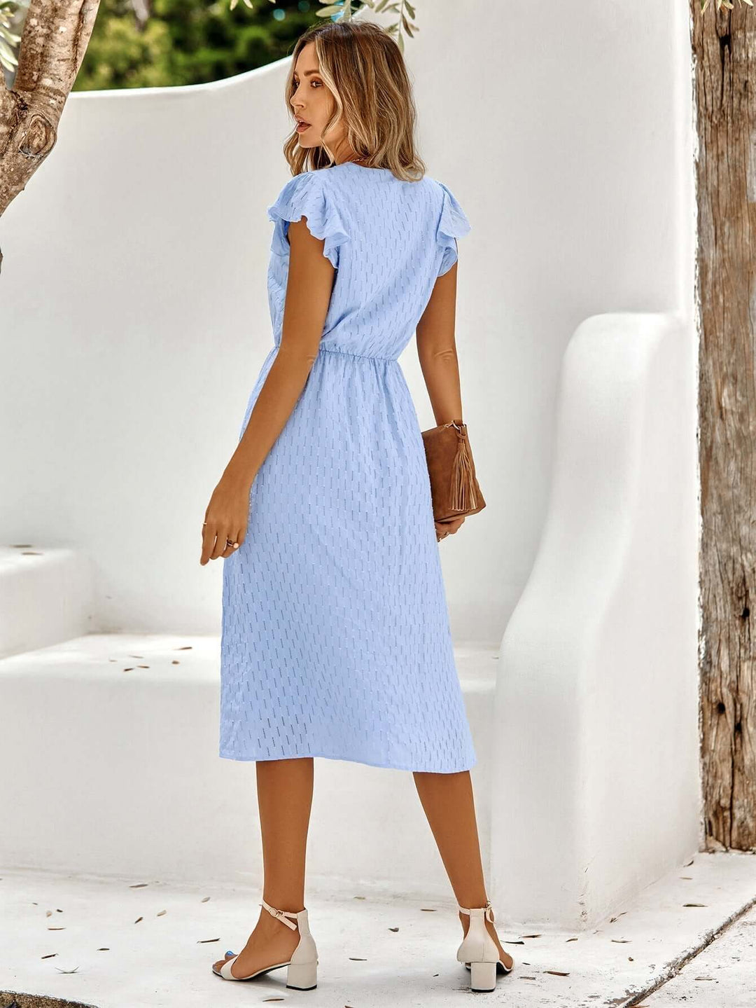 Women's Elegant Midi Dress: V-Neck, Ruffled Sleeves, Fitted Waist