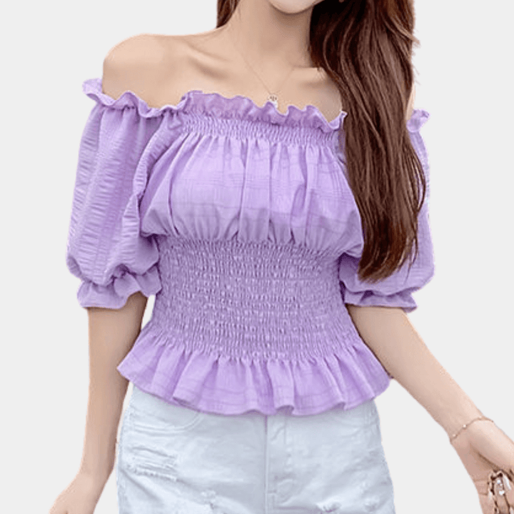 Women's Off-Shoulder Puff Sleeve Top with Ruffle Trim
