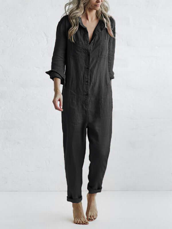 Women's Relaxed Fit Linen Jumpsuit with Roll Tab Sleeves