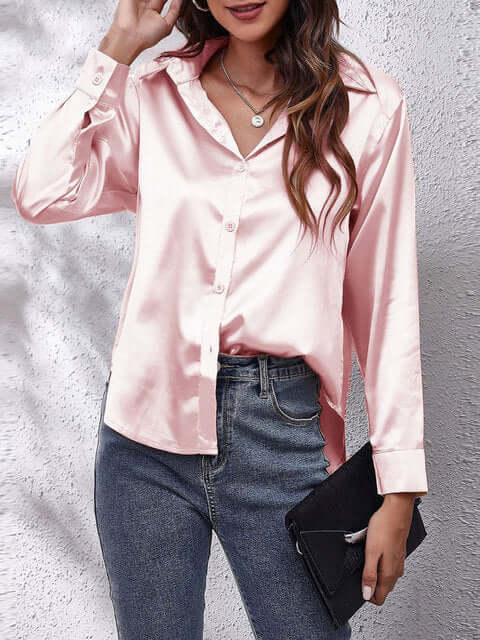 Women's Long-Sleeve Satin Blouse: Elegant & Versatile Top