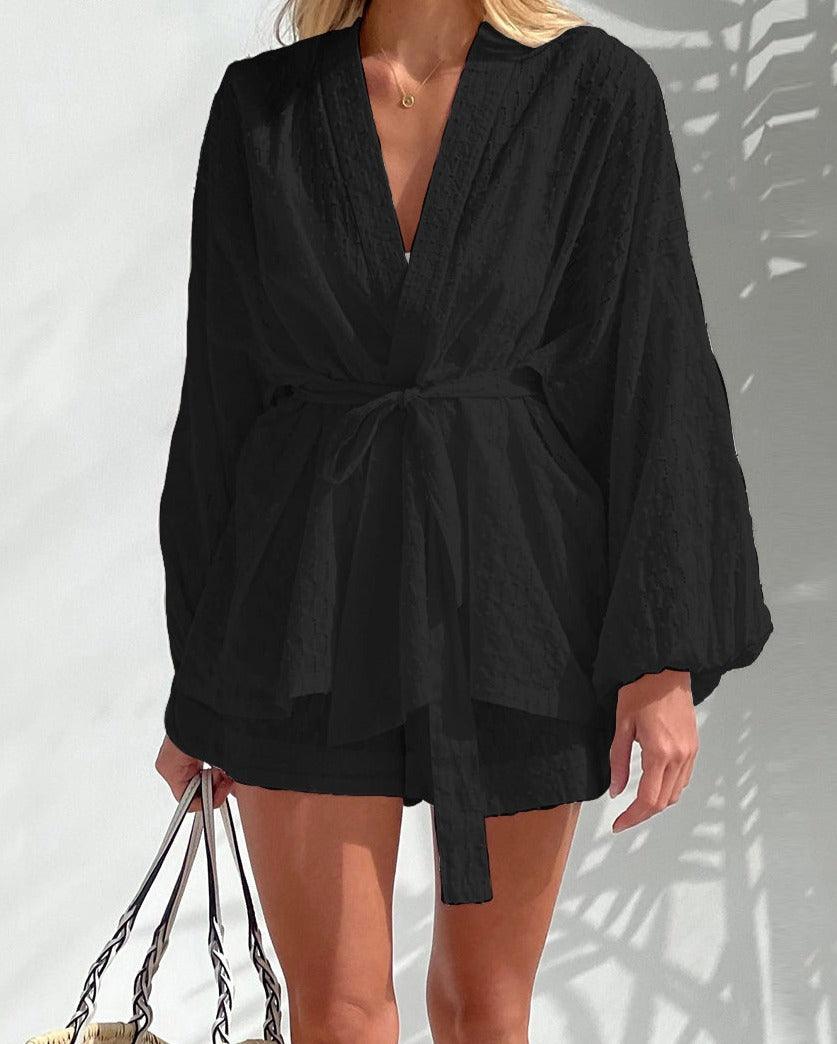 Women's Long Sleeve Kimono Top & Shorts Set