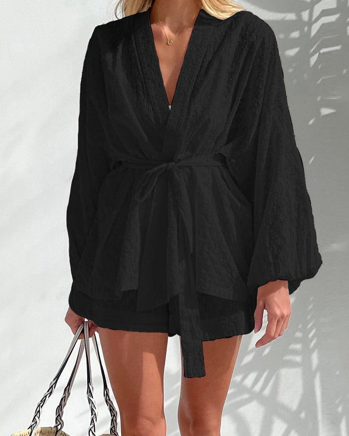 Women's Long Sleeve Kimono Top & Shorts Set