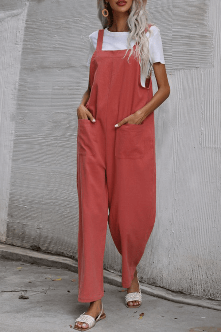 Women's Casual Pocket Button Straight Jumpsuit