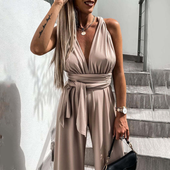 Women's Wide Leg Jumpsuit: Sleeveless V-Neck, Belted Waist