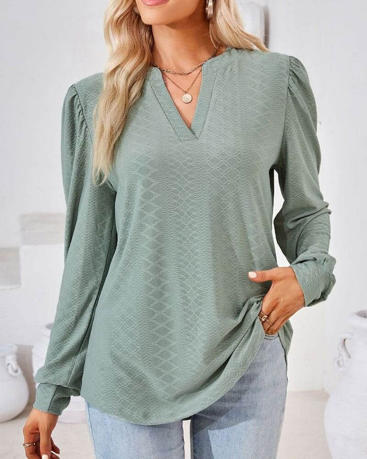 Women's V-Neck Puff Sleeve Blouse: Loose Fit, Elegant Style