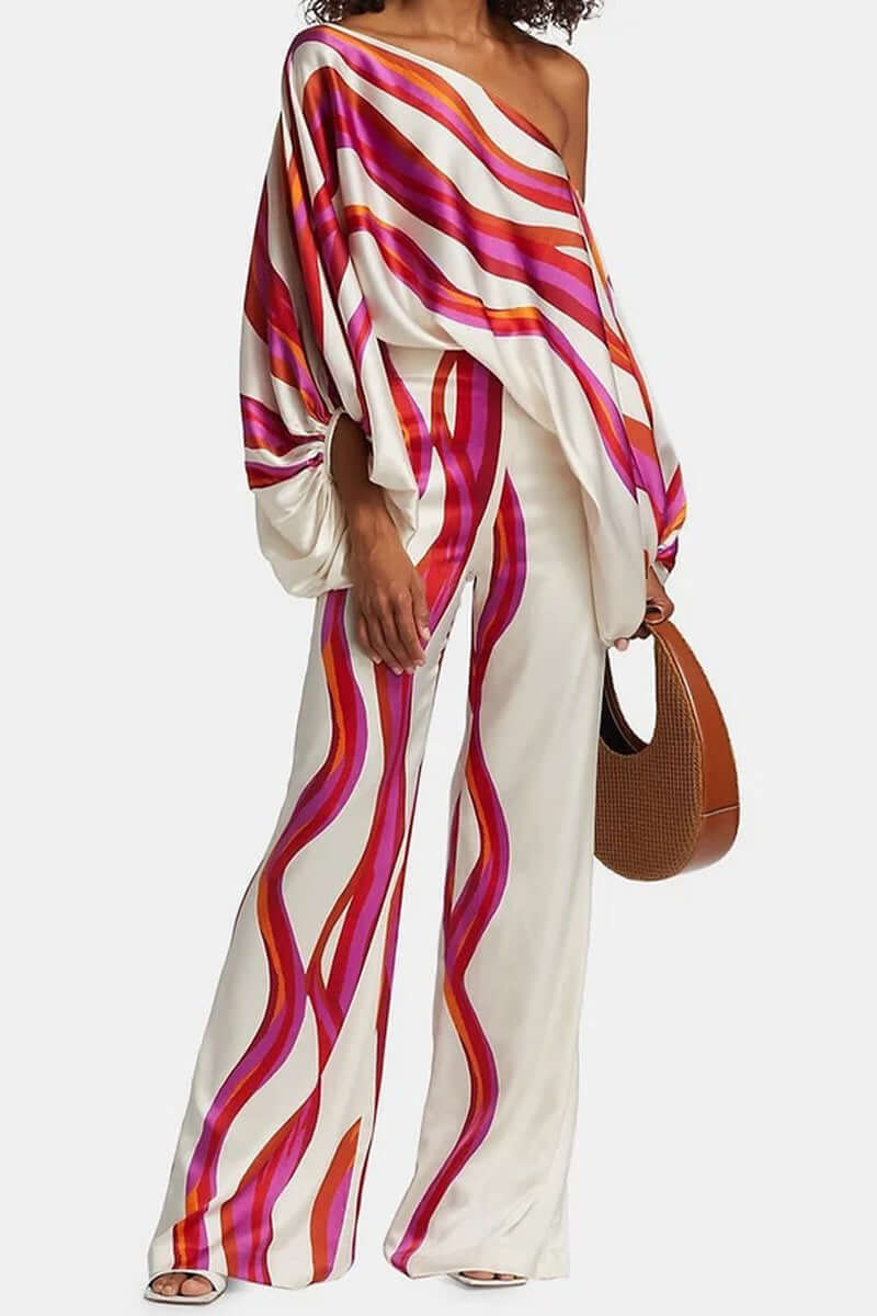 Women's Elegant Printed Off-Shoulder Long Sleeve Two-Piece Set