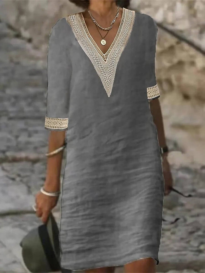 Women's Summer Dress: Relaxed Fit, V-Neck, 3/4 Sleeve