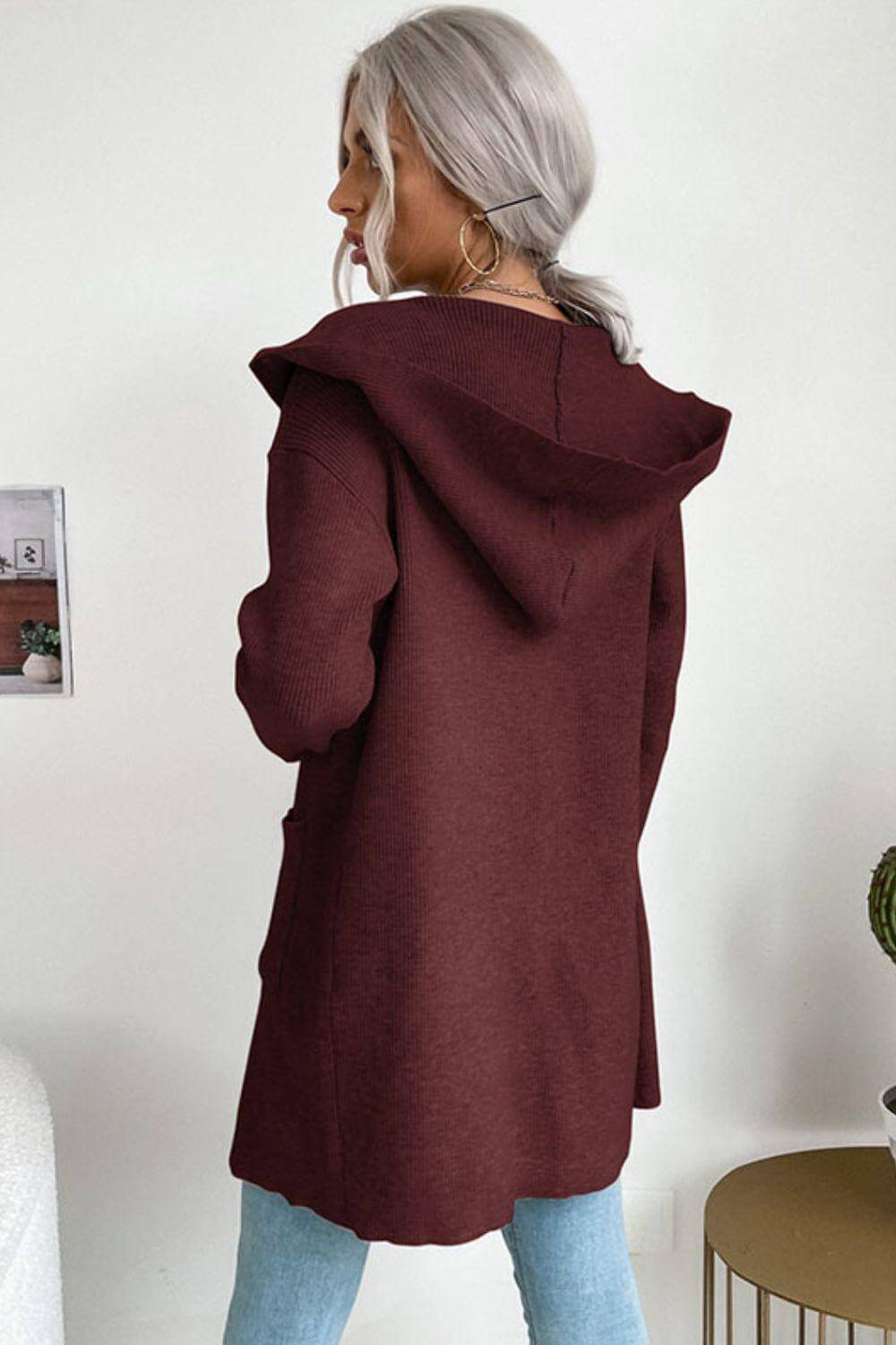 Women's Hooded Ribbed Cardigan: Cozy & Stylish Open-Front Knit