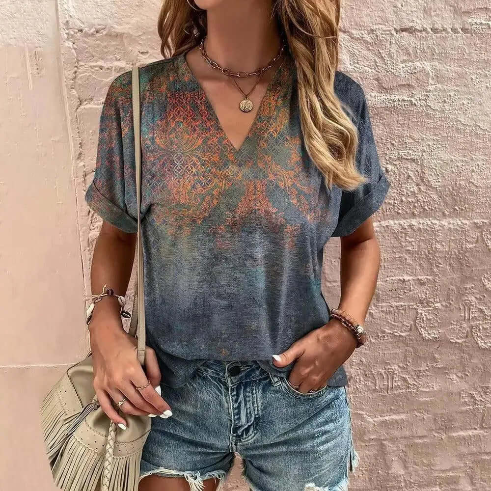 Women's Relaxed Fit V-Neck Blouse: Breathable Short Sleeve Top