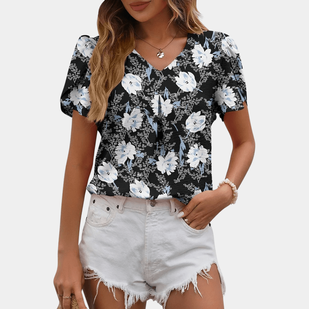 Women's V-Neck Pleated Blouse: Loose Fit, Short Sleeve, Casual Top