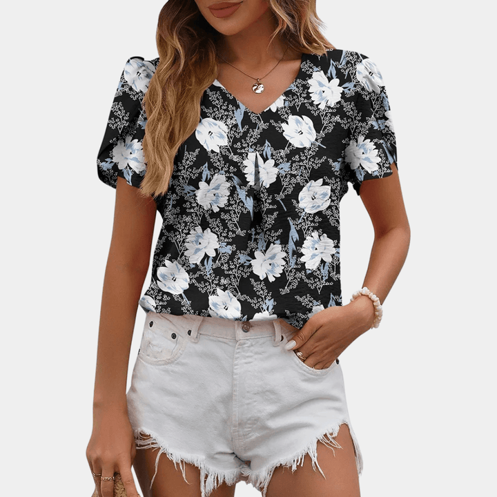 Women's V-Neck Pleated Blouse: Loose Fit, Short Sleeve, Casual Top