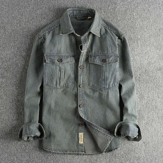 Men's Retro Striped Long-Sleeve Denim Shirt