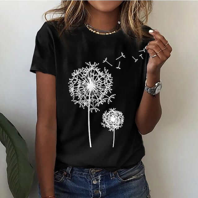 Elegant Dandelion Print Cotton T-Shirt