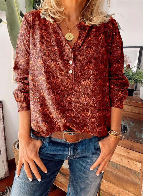 Women's Printed Cutout Neckline Blouse