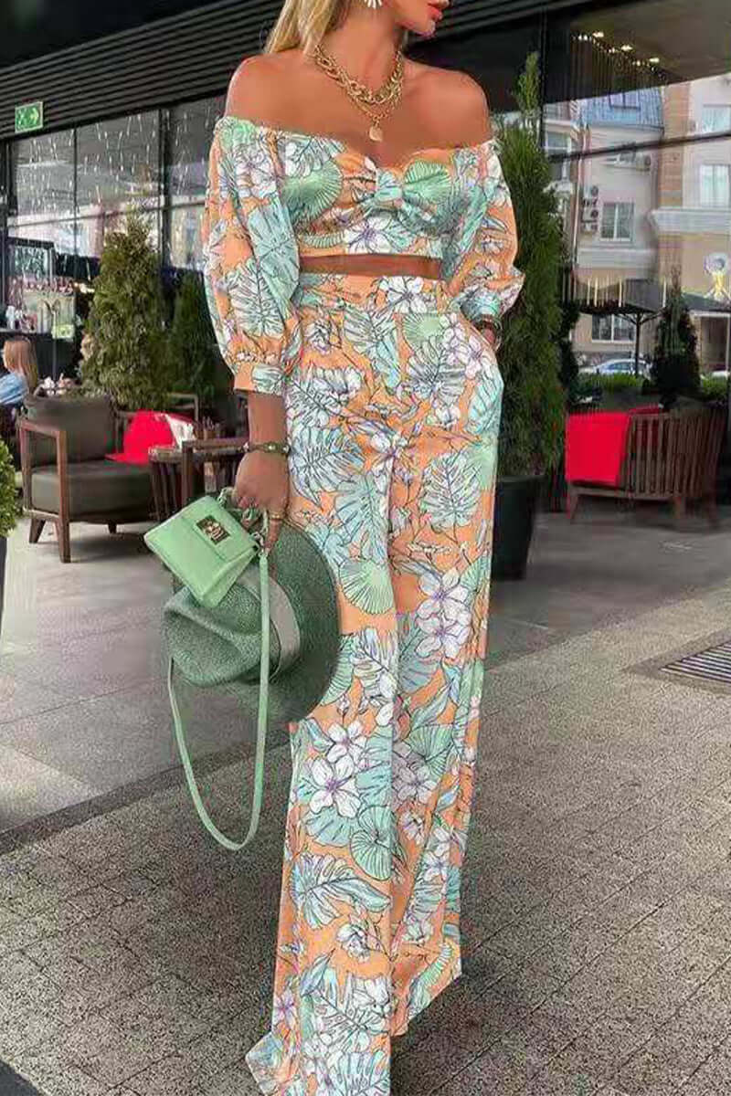 Women's Floral Off-Shoulder Top & Wide Leg Pants Set