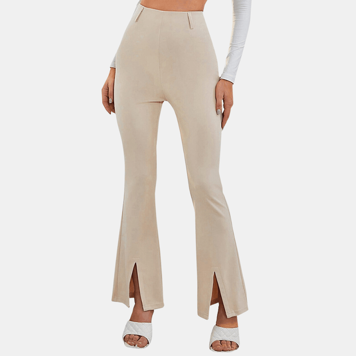Women's High-Waisted Flare Trousers: Stretch Fabric, Front Slit