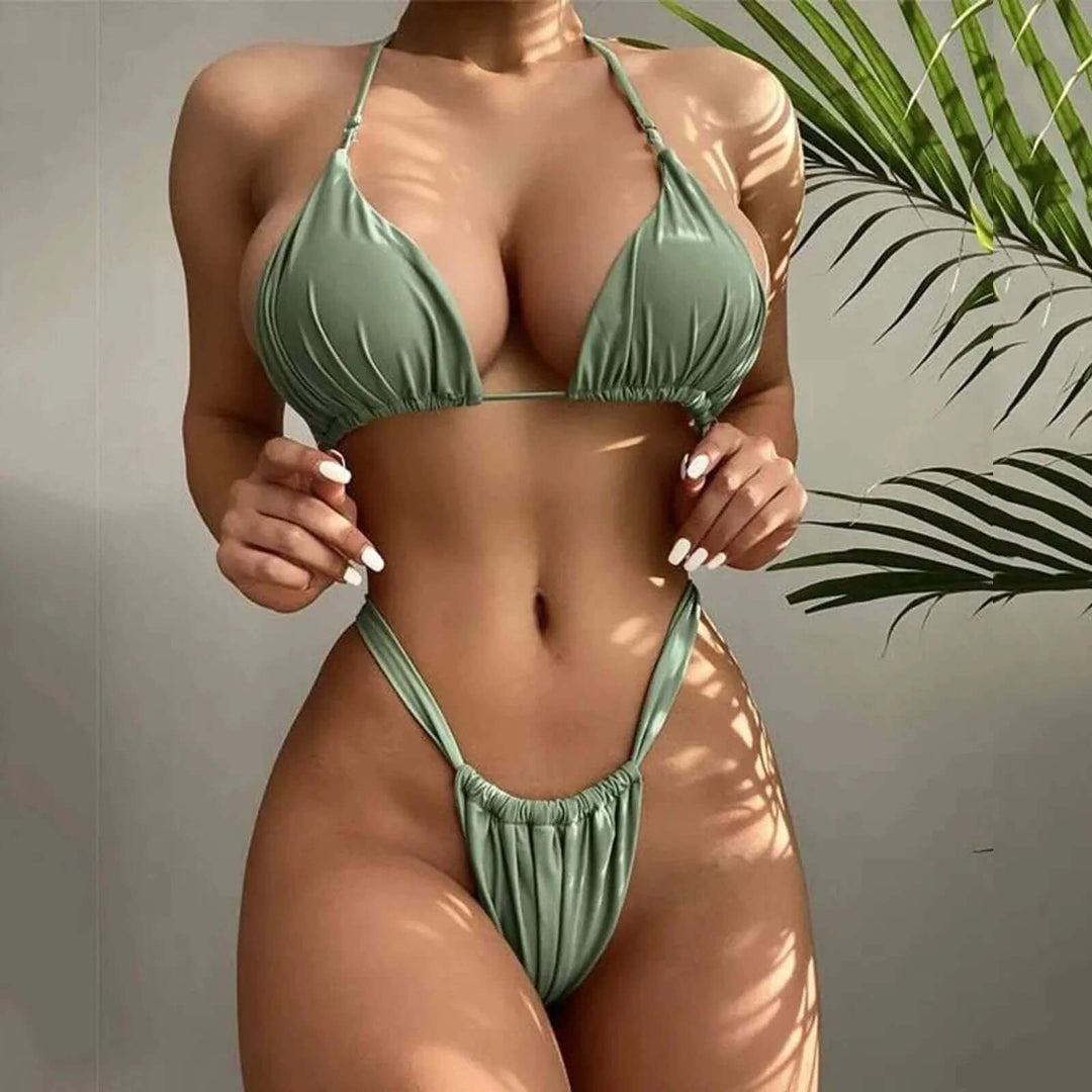 Women's Ruched Bikini Set: Adjustable Triangle Top & High-Cut Bottoms