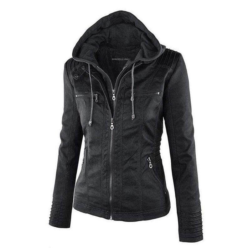 Women's Hooded Zip-Up PU Leather Jacket