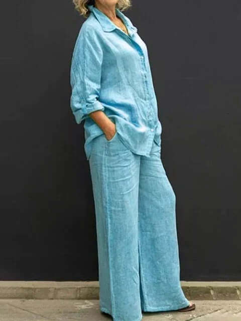 Women's Relaxed Fit Two-Piece Outfit: Shirt & Wide Leg Trousers