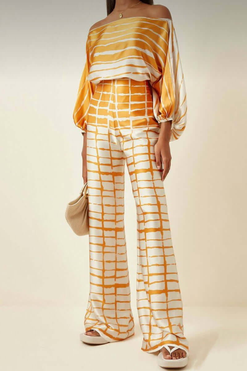 Women's Elegant Printed Off-Shoulder Long Sleeve Two-Piece Set
