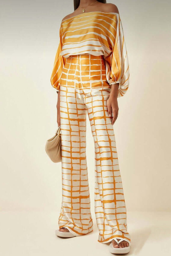 Women's Elegant Printed Off-Shoulder Long Sleeve Two-Piece Set