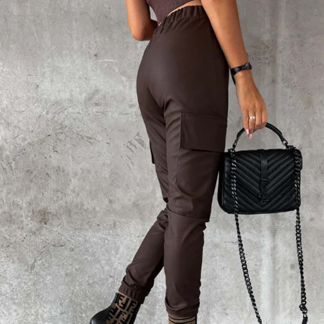 Women's High-Waisted Faux Leather Pants: Tapered Fit Cargo Trousers