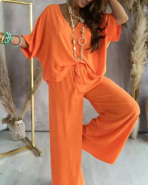 Women's Relaxed Fit Loungewear Set: V-Neck Top & Wide Leg Pants
