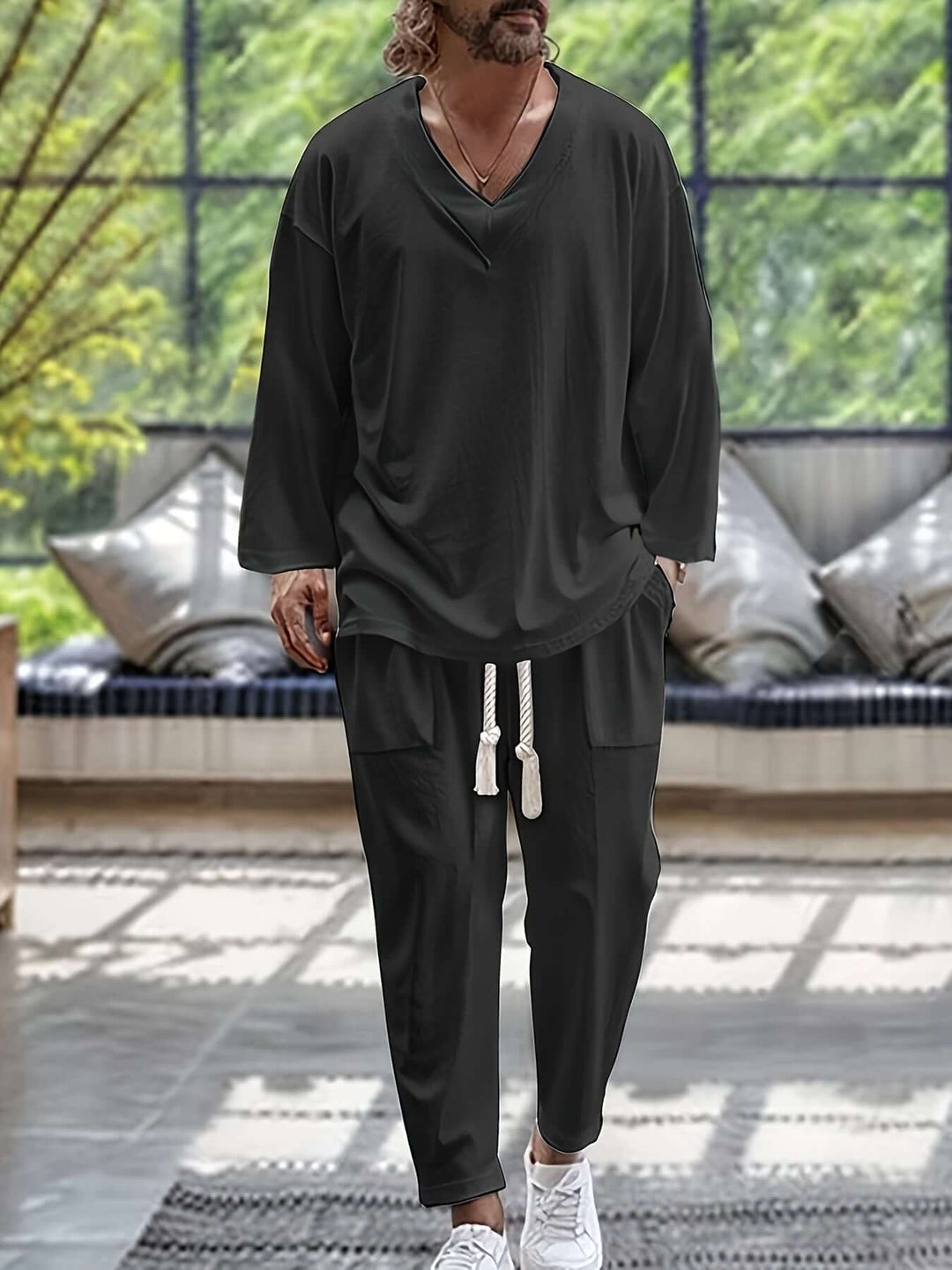 Men's Relaxed-Fit Loungewear Set: V-Neck Top & Trousers